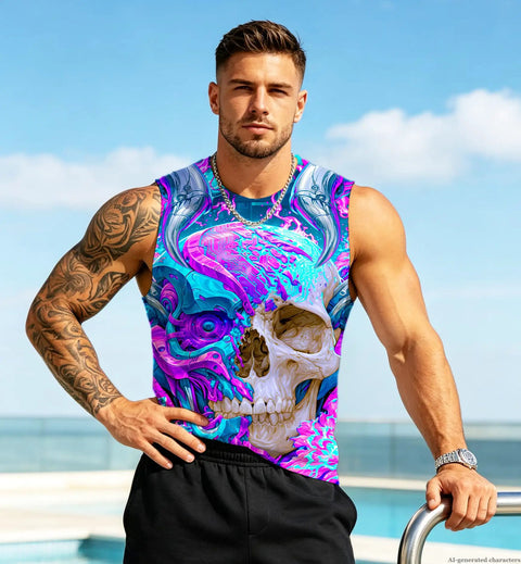 Men 3D Cyber Mechanical Skull Graphic Tank Top Moisture Wicking Quick Dry Sleeveless Workout Shirt worn by man outdoors.