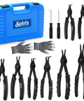 All In One Pro Grade Ring Pliers Set 10 Piece Kit Heavy Duty Internal And External Circlip Pliers With Straight Bent Tips Hook Pick Gloves In Durable Storage Case For Retaining Rings displayed with blue storage case and gloves, showing front view.