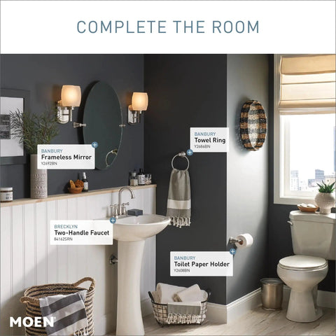 Bathroom with Brecklyn Spot Resist Brushed Nickel Two-Handle Centerset Lavatory Faucet near mirror and towel ring