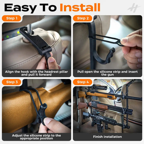 Installation steps of Rugged Truck Gun Rack For Seat Back With Triple Anti Slip Hooks And Adjustable Silicone Strips Heavy Duty Car Rifle Mount For ATV And Hunting Gear Secure Quick Access And Stable Hold.