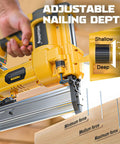Adjustable nailing depth feature of Heavy Duty Pro Grade Cordless 2 Inch Brad Nailer for precise woodworking tasks.