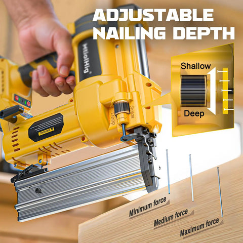 Adjustable nailing depth feature of Heavy Duty Pro Grade Cordless 2 Inch Brad Nailer for precise woodworking tasks.