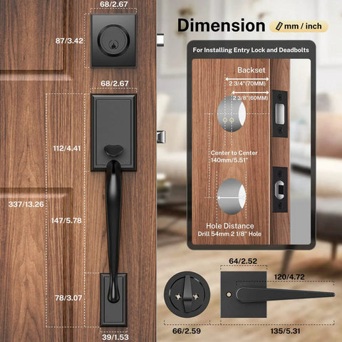 Matte Black Double Door Handle Set With Lever And Keyed Entry For Exterior Front And Back Doors, Reversible Single Cylinder Lockset