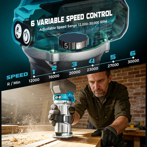Cordless Router For 18V Battery 800W Brushless Wood Router With 6 Speed Control Depth Adjustment Edge And Roller Guide Includes Router Bits Tool Only No Battery used by man
