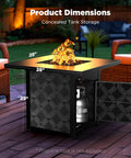 28 Inch Propane Fire Pit Table With 50000 BTU Heat Output CSA Certified Outdoor Gas Fire Pit For Patio Removable Lid And Lava Rocks Brings Cozy Glow And Vibe To Backyard Parties showing dimensions and concealed tank