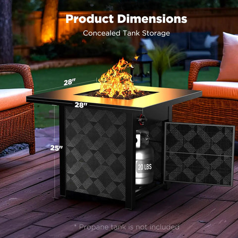 28 Inch Propane Fire Pit Table With 50000 BTU Heat Output CSA Certified Outdoor Gas Fire Pit For Patio Removable Lid And Lava Rocks Brings Cozy Glow And Vibe To Backyard Parties showing dimensions and concealed tank