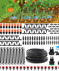 Drip Irrigation Kit for Garden and Greenhouse with 1/4 inch tubing, automatic watering system components displayed for easy DIY setup