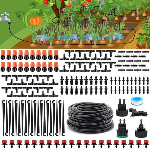 Drip Irrigation Kit for Garden and Greenhouse with 1/4 inch tubing, automatic watering system components displayed for easy DIY setup