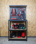 Front view of 31.5 Inch Heavy Duty Workbench With Pegboard And Double Storage For Garage Workshop Multipurpose Tool Organizer