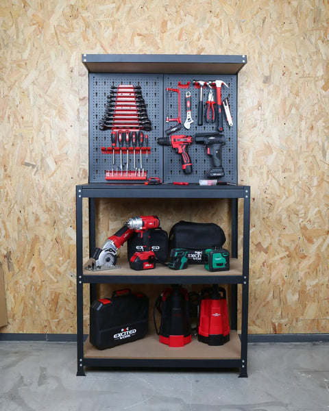 Front view of 31.5 Inch Heavy Duty Workbench With Pegboard And Double Storage For Garage Workshop Multipurpose Tool Organizer