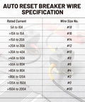 Auto Reset Circuit Breaker wire specification chart showing rated current and wire size for various applications.