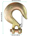 Single hook from 2 Pack Beefy Half Inch Clevis Slip Hooks With Safety Latch Heavy Duty Grade 70 Forged Steel For Trailer Haulers And Wrecker Trucks 18,000 Lbs Capacity Ideal For Towing Hauling And Recovery Jobs, showing dimensions.
