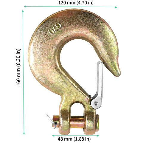 Single hook from 2 Pack Beefy Half Inch Clevis Slip Hooks With Safety Latch Heavy Duty Grade 70 Forged Steel For Trailer Haulers And Wrecker Trucks 18,000 Lbs Capacity Ideal For Towing Hauling And Recovery Jobs, showing dimensions.