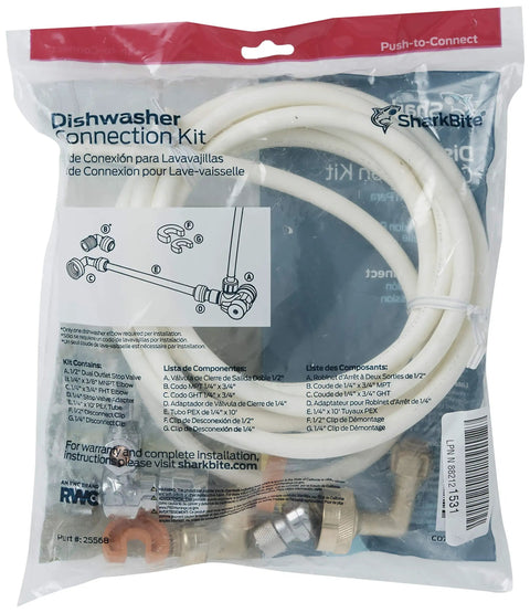 Dishwasher Connection Kit With Push To Connect Brass Fittings For PEX Copper CPVC PERT HDPE in packaging