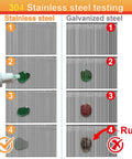 304 Stainless steel testing with corrosion results compared to galvanized steel, highlighting durability of Heavy Duty 16 Gauge Finish Nails 304 Stainless Steel 2400 Piece Assorted Kit.