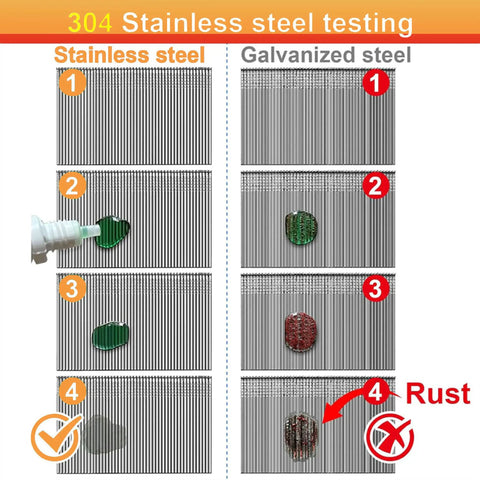 304 Stainless steel testing with corrosion results compared to galvanized steel, highlighting durability of Heavy Duty 16 Gauge Finish Nails 304 Stainless Steel 2400 Piece Assorted Kit.