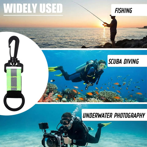 Four Pack Scuba Fin Retainer Lanyards Kit With Regulator And Octopus Mouthpiece Holders Reflective Webbing shown with uses for fishing, diving, photography