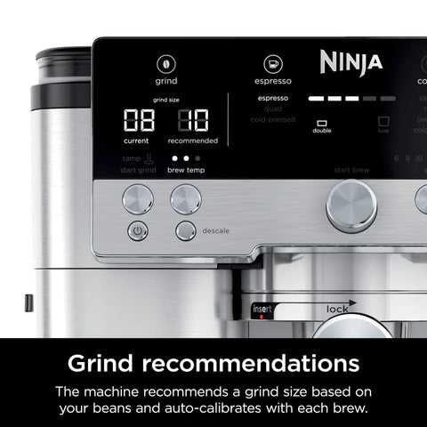 Front view of silver R-ES601 Luxe Café Premier Series 3-In-1 Espresso Machine with control panel and grinder display.