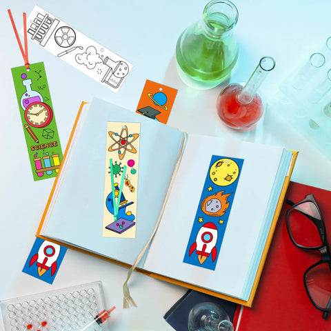 Open book with science-themed bookmarks from Color Your Own Science Bookmarks Set For Kids Kid Approved 72 Pcs DIY Chemistry Lab Astronaut.