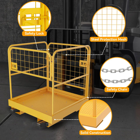 Rock Solid Forklift Safety Cage 36 X 36 Inches features safety lock, steel protection mesh, and solid construction for aerial tasks.