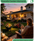 Woman sitting on patio looking at Solar Bird Bath For Outdoors With Vintage Metal Standing Bowl Two Tier Design Flower Planter.
