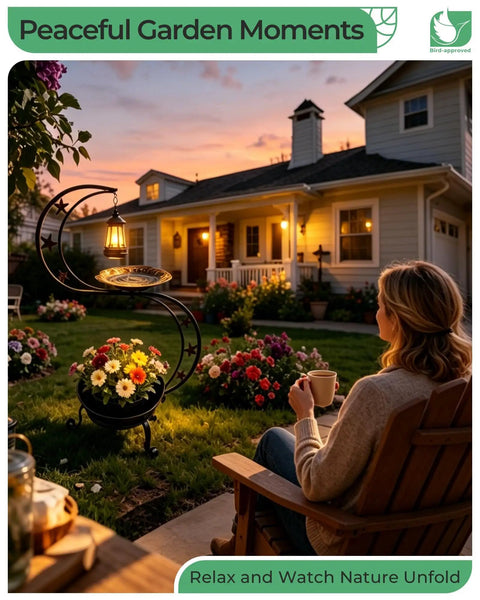 Woman sitting on patio looking at Solar Bird Bath For Outdoors With Vintage Metal Standing Bowl Two Tier Design Flower Planter.
