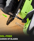 Top Shelf Badass 20V Cordless Jigsaw Kit Packed With Ten Durable Steel Blades And Smart Laser Edge Guide For Smooth No Sweat Cuts Across Hardwood Or Plywood Projects blade change mechanism shown with gloved hand.