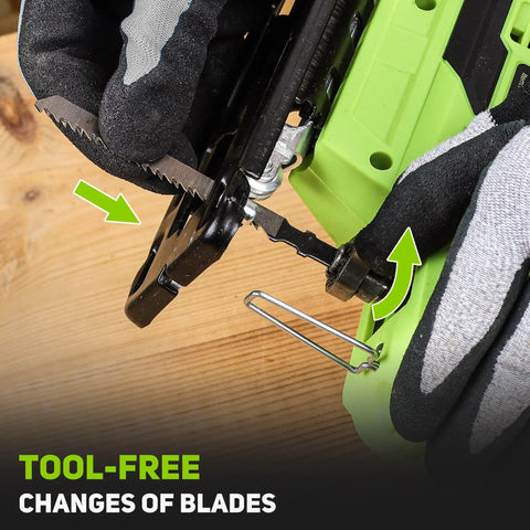Top Shelf Badass 20V Cordless Jigsaw Kit Packed With Ten Durable Steel Blades And Smart Laser Edge Guide For Smooth No Sweat Cuts Across Hardwood Or Plywood Projects blade change mechanism shown with gloved hand.