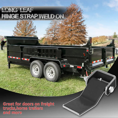 Heavy Duty Steel Dump Trailer Hinges With Strap Style Leaf Design Badass Grade Construction for vehicles, 7.125 inch long, mounted on trailer.