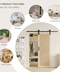 42 Inch By 84 Inch Sliding Barn Door With Wood Slat Design And Hardware Kit shown installed in modern home setting