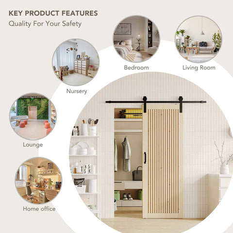 42 Inch By 84 Inch Sliding Barn Door With Wood Slat Design And Hardware Kit shown installed in modern home setting