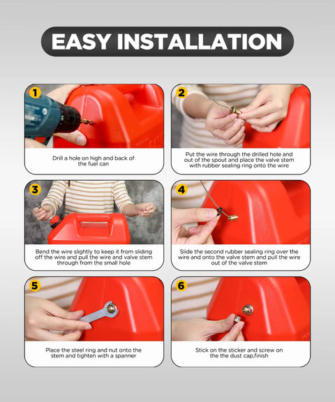 Installation steps for Six Pack Gas Tank Vent Caps Kit With Drill Bit And Wrenches Leak Proof Metal Gas Can Vent Caps.