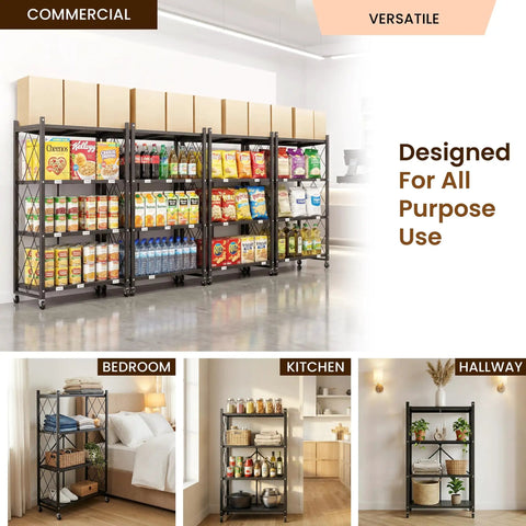 4 Tier Foldable Storage Shelf On Wheels Easy Grab And Go Rolling Cart for pantry with various snacks and beverages displayed