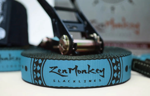 Zen Monkey logo on 60 Feet Slackline Kit With Tree Guards, Carry Bag, And Easy Setup For Family Fun, Kids And Adults, Durable Ratchet
