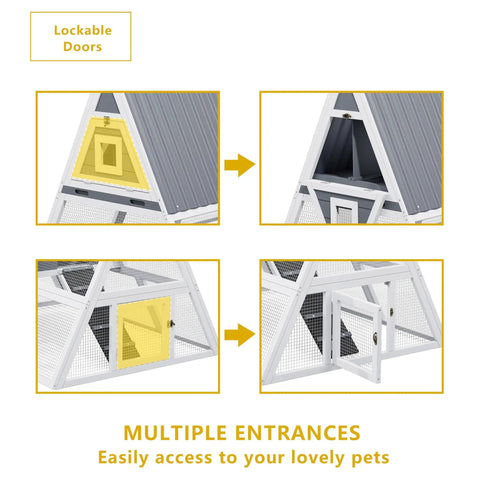 Multiple entrances of Large Triangle Chicken Coop With Run For 4-6 Chickens, Wooden A-Frame Hen House, showing lockable doors