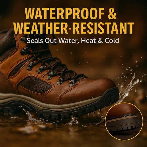 Go-To Heavy Duty Shoe Cement For Sole Repair, Waterproof Glue For Sneakers, Boots, And Rubber Soles, shown on weather-resistant boot