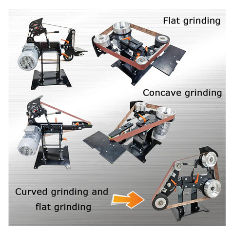 Close-up view of Shop Ready Variable Speed Belt Grinder and Sander Chassis for flat, concave, and curved grinding.