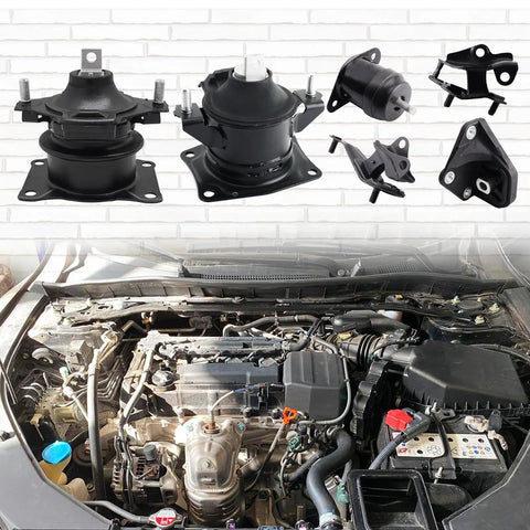 Heavy Duty Engine And Transmission Mount Kit Set Of 6 For 2003 2007 Accord Two Point Four Liter Automatic displayed above engine bay.