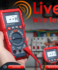 Handy Digital Multimeter M2K0R with Auto Ranging DC and AC Voltmeter during live wire test in front of electric panel.