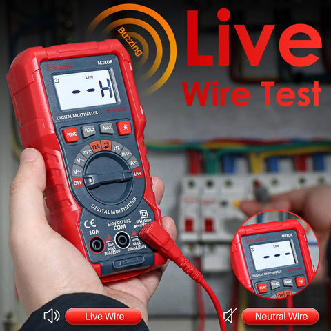 Handy Digital Multimeter M2K0R with Auto Ranging DC and AC Voltmeter during live wire test in front of electric panel.