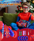 Child in costume holding Spider Themed RC Car For Kids 4-8, 2.4GHz Remote Control With 26 LED Lights package, with accessories displayed.