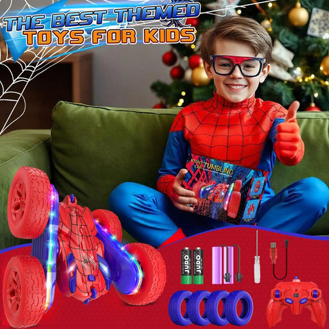 Child in costume holding Spider Themed RC Car For Kids 4-8, 2.4GHz Remote Control With 26 LED Lights package, with accessories displayed.