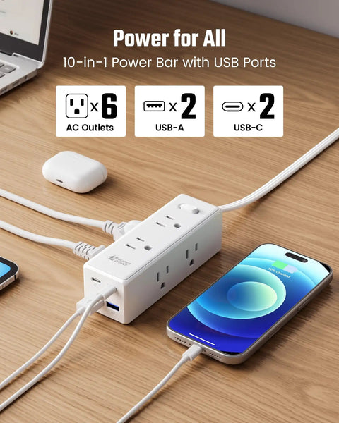 Top Shelf 15 Ft Extension Cord With Super Slim Flat Plug And Ten Spacious Outlets Including Six AC Jacks Two Quick Charge USB C Ports And Two Standard USB A Pads For No Nonsense Multi Gadget Charging At Home Or On The Road, shown on wooden desk.