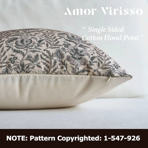 Floral Pillow Covers 18x18 Set Of 2, Neutral Vintage Block Print Cotton Cushion Covers For Sofa Bed And Living Room, side view