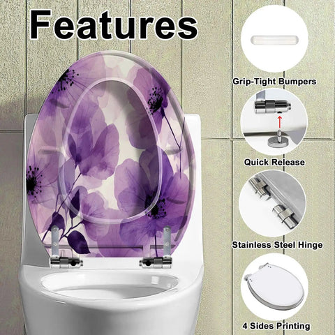Elongated Toilet Seat Replacement Slow Close for Bathroom featuring floral design, sturdy stainless steel hinge, and quick release.