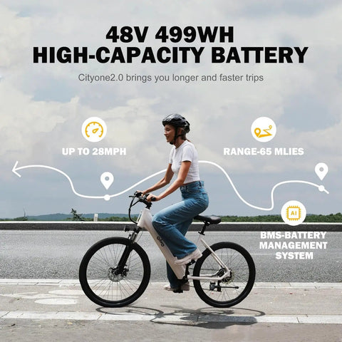 Woman riding Cityone 2.0 Electric Bike For Adults Who Wanna Cruise 65 Mile Range, 28 MPH Top Speed, highlighting 48V 499Wh battery