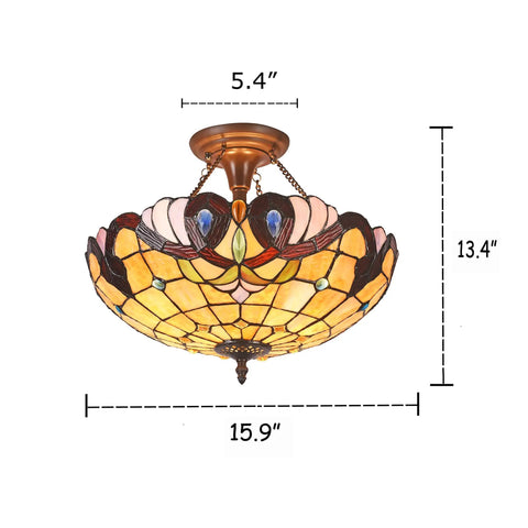 Serenity 2 Light Tiffany Style Victorian Semi Flush Ceiling Fixture with shade, handcrafted stained glass and bronze finish