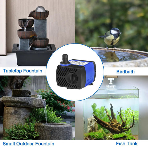 Small Submersible Fountain Pump For Aquariums And Outdoor Fountains, 80 GPH Adjustable Flow shown with various uses.