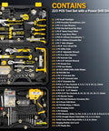 All In One 223 Piece Power Drill Tool Set With 12V Cordless Drill Driver Kit Drawer Toolbox Socket And Bit Set Hex Keys And Wrench For Home Renovation DIY Projects And Garage Use displayed open with labeled items.