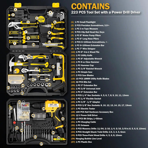 All In One 223 Piece Power Drill Tool Set With 12V Cordless Drill Driver Kit Drawer Toolbox Socket And Bit Set Hex Keys And Wrench For Home Renovation DIY Projects And Garage Use displayed open with labeled items.